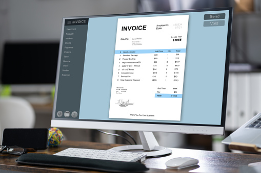 Online Invoice On Accountant Desktop Computer. Electronic Tax And Finance