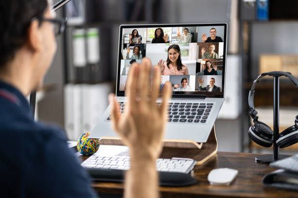 Video Conference Webinar Online Call Meeting Video Conference Webinar Online Call Meeting On Laptop com stock pictures, royalty-free photos & images