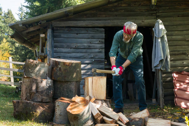 istock Senior man chopping firewood 1355689920