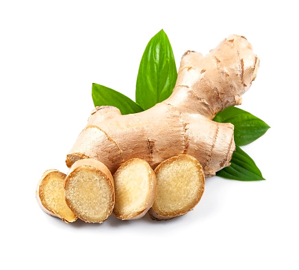 Ginger roots with slick ginger root on white backgrounds.