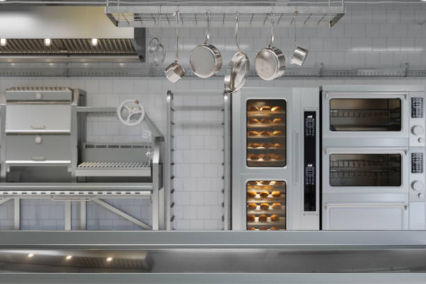 empty metal surface and blurred industrial kitchen with kitchen utensils, equipment and bakery products. - storkök bildbanksfoton och bilder