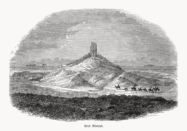 Historical view of Birs Nimrud, wood engraving, published in 1862 Historical view of the ruins of the Ziggurat and Temple of Nabu at Borsippa (today Birs Nimrud) - an archeological site in Babylon Province, Iraq. Wood engraving, published in 1862. tower of babel stock illustrations