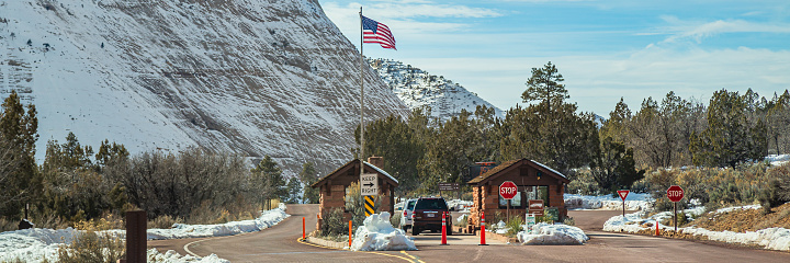 Zion National Park entrance in winter, an American national park located in southwestern Utah near the town of Springdale, USA