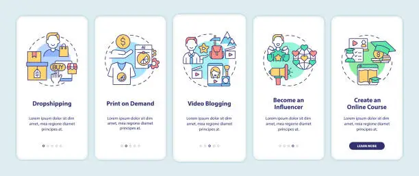 Vector illustration of Ways to make money online onboarding mobile app page screen