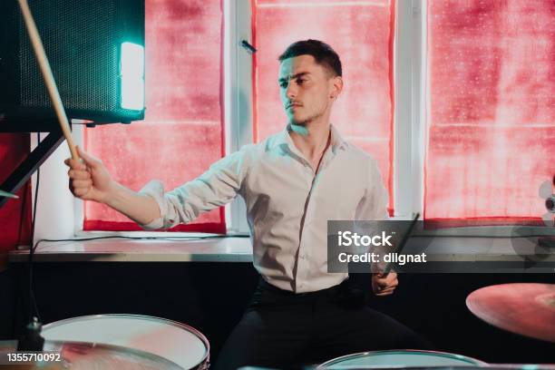Drummer R Player Men Handsome Talented Guy Play On Drums Preparing For Concert Stock Photo ...