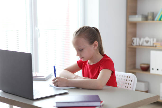 istock A child learns online at home through a modern laptop on the Internet. 1355714669