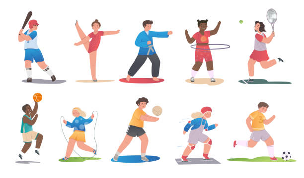 illustrazioni stock, clip art, cartoni animati e icone di tendenza di bambini felici che giocano al concetto di gioco sportivo - tennis child sport cartoon