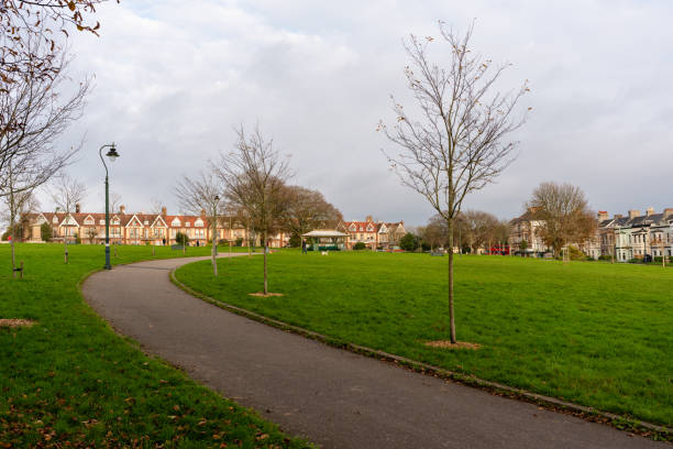 istock Pathway leading through a public park green space. Bare autumn trees, a distant dog walker and traditional british housing. 1355716705