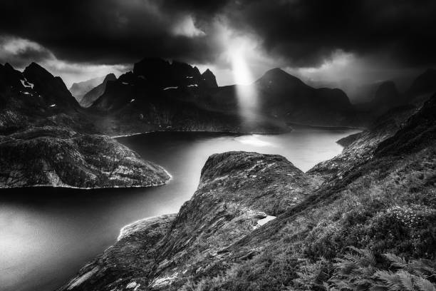Dramatic mountain scenery of Lofoten Islands, Norway stock photo