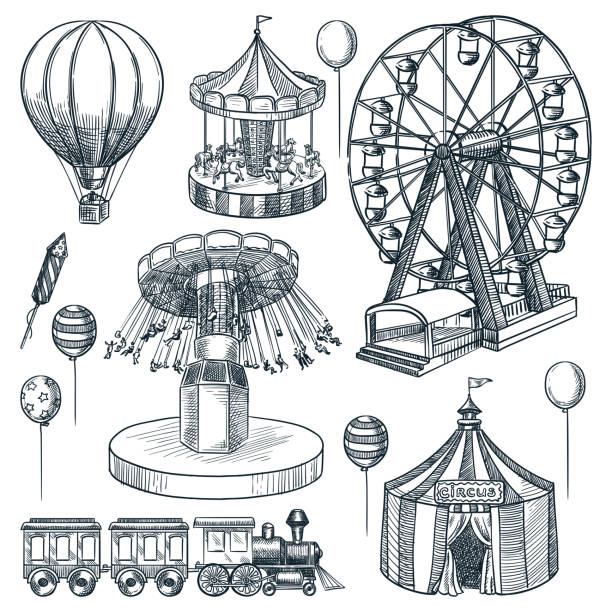 gestaltungselemente des vergnügungsparks. vektor handgezeichnete skizzenillustration. zirkuszelt, karussell, riesenrad-ikonen - carousel horses stock-grafiken, -clipart, -cartoons und -symbole