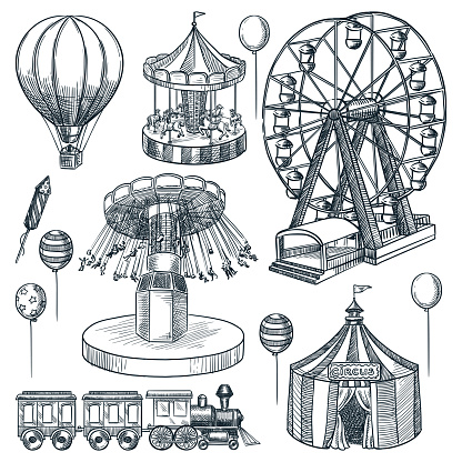 Amusement park design elements collection. Vector hand drawn sketch illustration. Circus tent, carousel, ferris wheel isolated icons. Carnival and attractions design elements