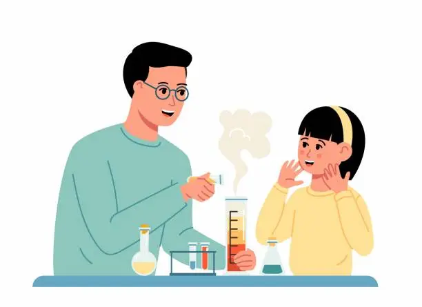 Vector illustration of Cartoon father and daughter doing chemistry experiment in laboratory glassware at home.