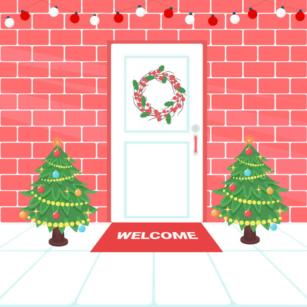 크리스마스 장식 현관 문 벡터 일러스트. 새해 복 많은 축제 일러스트. - christmas gate wreath house stock illustrations