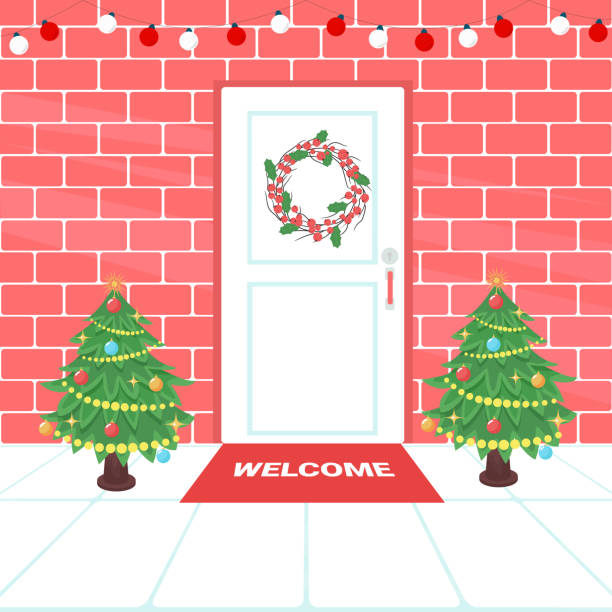 istock Christmas decorated front door vector illustration. Happy New Year festive illustration. 1355718196