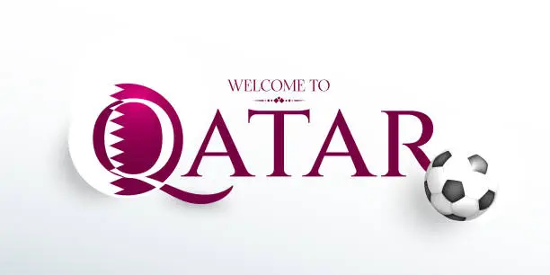 Vector illustration of Welcome to Qatar. Realistic 3d soccer ball. Sport poster, banner, flyer modern design. Concept font  and round sticker Qatar flag colors background. Vector illustration