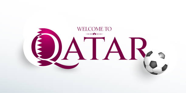 welcome to qatar. realistic 3d soccer ball. sport poster, banner, flyer modern design. concept font  and round sticker qatar flag colors background. vector illustration - qatar 幅插畫檔、美工圖案、卡通及圖標