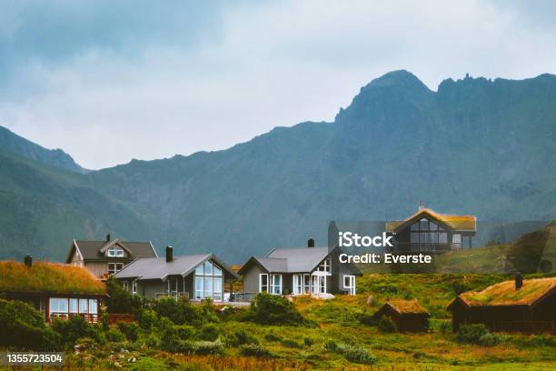 Cottage Houses Village Traditional Architecture Cozy Home In Mountains Of Norway Stock Photo - Download Image Now