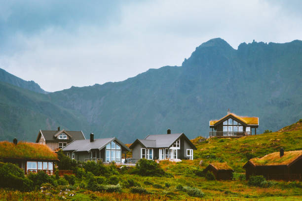 коттеджи поселка традиционной архитектуры уютный дом в горах норвегии - cabin стоковые фото и изображения