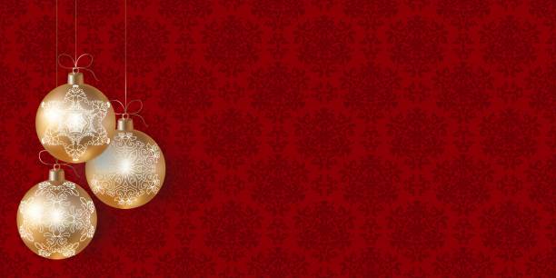 ilustrações de stock, clip art, desenhos animados e ícones de new year or christmas red patterned background with gold realistic christmas tree balls and space for text. background with christmas toys. red and gold color. vector. modern background design. - abstract backgrounds ball close up