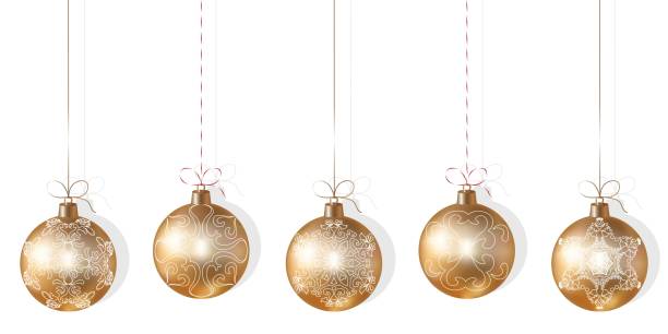 ilustrações de stock, clip art, desenhos animados e ícones de set of realistic gold christmas tree balls with a pattern. christmas tree gold balls hanging on white background. christmas tree toys. gold and white color. vector illustration. modern background. - abstract backgrounds ball close up