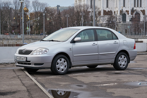 Moscow, Russia - November 21, 2021: The Toyota Corolla (E120) car parked on a city street.