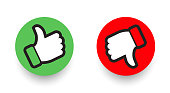 istock Thumbs up and thumbs down, like and deslike symbos. Green and blue buttons. Vector design 1355724852
