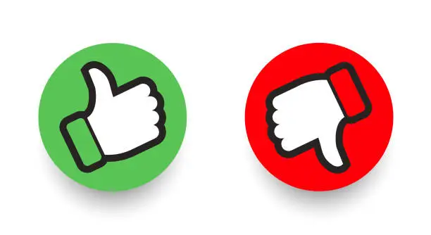 Vector illustration of Thumbs up and thumbs down, like and deslike symbos. Green and blue buttons. Vector design