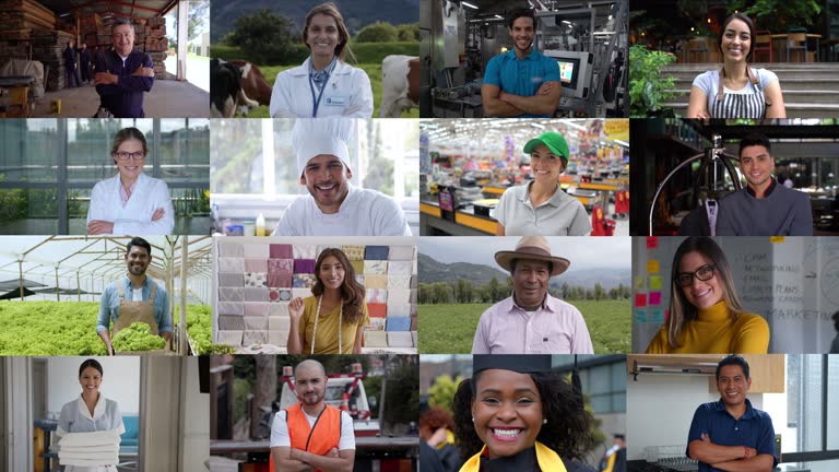 Cheerful and diverse people in various occupations smiling at camera