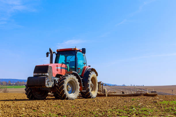 istock A red tractor plows a plantation after harvest. 1355733365