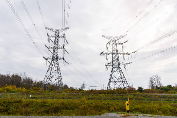 istock Tall electricity pylons against cloudy sky in autumn 1355733499