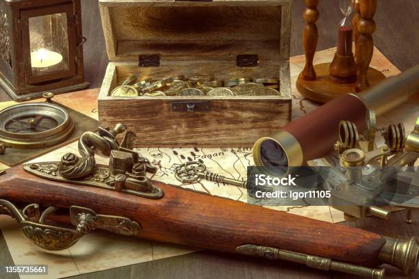 Table In The Pirate Captains Cabin Stock Photo - Download Image Now - Pirate - Criminal, Treasure Hunt, Treasure Chest