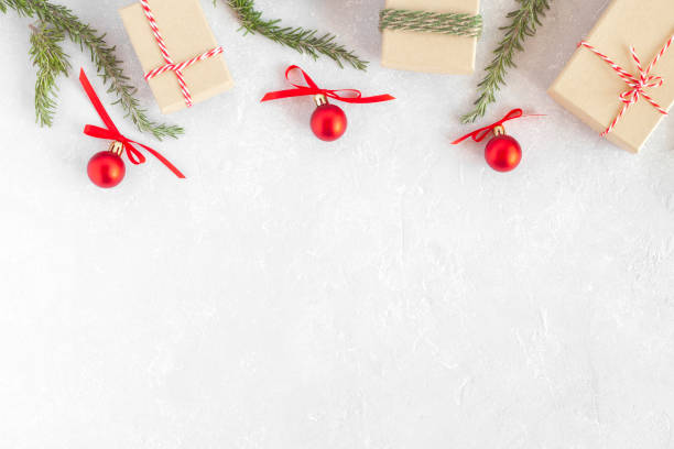 istock Christmas flatlay with red New Year balls on grey background 1355736671