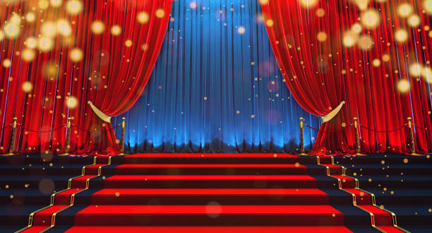 Theater stage with red velvet curtains, Empty pedestal for award ceremony. 3d render of Theater stage with red velvet curtains, Empty pedestal for award ceremony. opera stock pictures, royalty-free photos & images