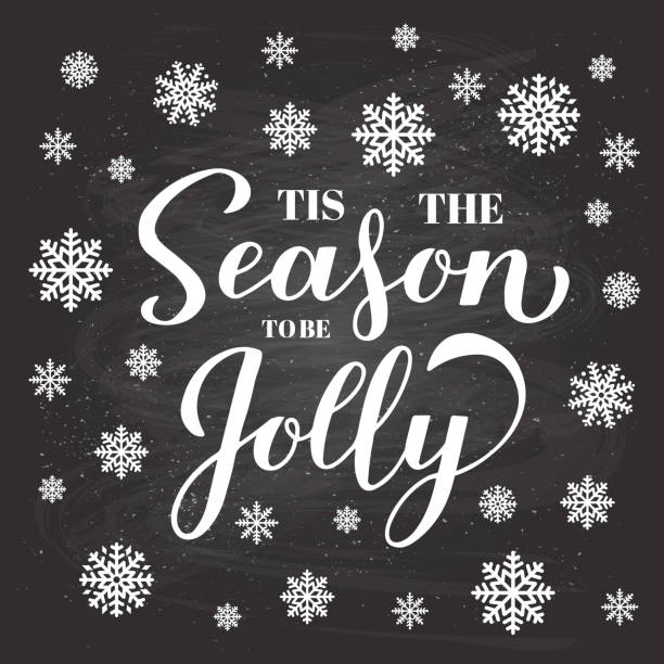 Tis the season to be jolly calligraphy hand lettering on chalkboard background with snowflakes. Christmas quote typography poster. Vector template for greeting card, banner, flyer, invitation, etc Tis the season to be jolly calligraphy hand lettering on chalkboard background with snowflakes. Christmas quote typography poster. Vector template for greeting card, banner, flyer, invitation, etc. titanium stock illustrations
