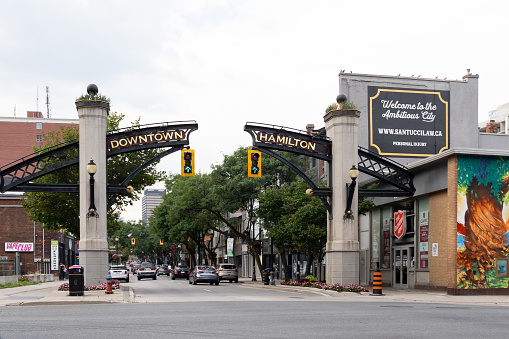 Hamilton, On, Canada - August 22, 2021: Gateway entrance to Downtown Hamilton, ON, Canada.  Hamilton is a port city in the Canadian province of Ontario.