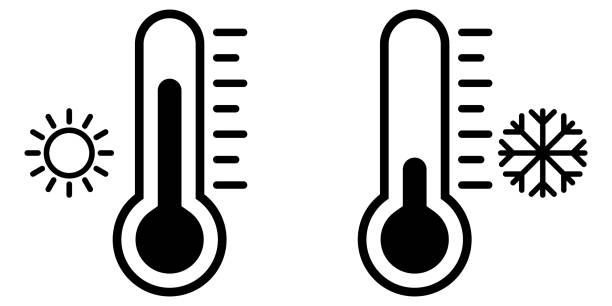 온도계 아이콘. 차갑고 뜨거운 기호가 있는 온도계 - gauge metal meter heat stock illustrations