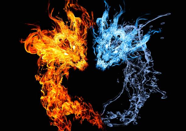 illustration eines drachen aus feuer und eines drachen aus wasserwirbelndem wasser - outdoor fire fotos stock-fotos und bilder