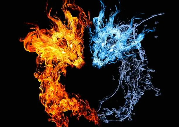 Illustration of a dragon of fire and a dragon of water swirling