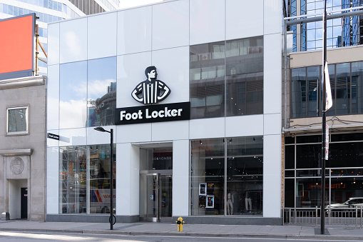 Toronto, Canada - November 16, 2021: A Foot Locker store in downtown Toronto. Foot Locker Retail, Inc. is an American sportswear and footwear retailer.