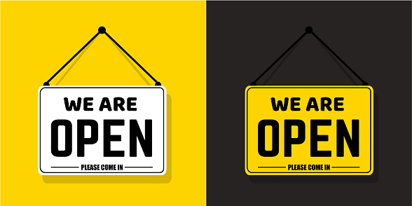 Shop sign: Come in we are Open set, with shadow isolated on yellow background. Come in we are open sign on signboard with rope for business, online shopping. Vector illustration. eps10