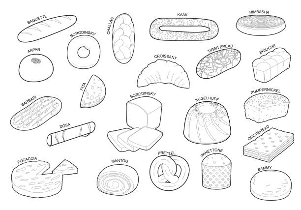 illustrazioni stock, clip art, cartoni animati e icone di tendenza di vari tipi di pane da tutto il mondo cartoon vector in bianco e nero - panettone