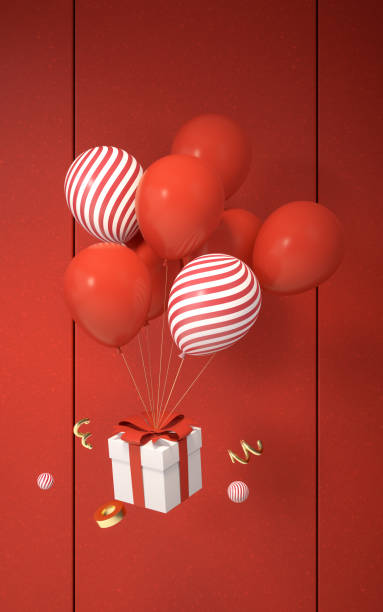 빨간색 배경, 3d 렌더링풍선 및 선물. - china balloon 뉴스 사진 이미지
