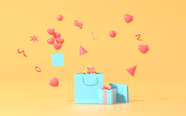istock Gifts and balloons with yellow background, 3d rendering. 1355760346