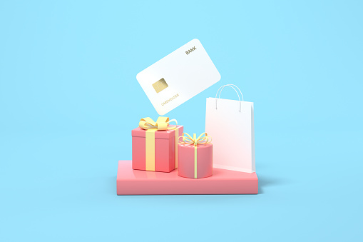 Presents and shopping bags with blue background, 3d rendering. Computer digital drawing.