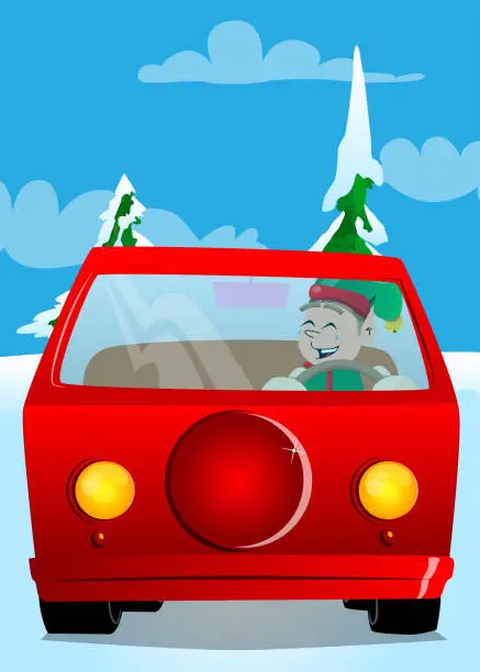 Vector illustration of Christmas Elf driving, holding a steering wheel.