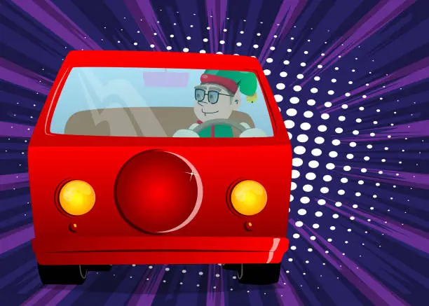 Vector illustration of Christmas Elf driving, holding a steering wheel.