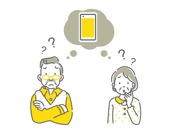 ilustraciones, imágenes clip art, dibujos animados e iconos de stock de pareja de personas mayores pensando en un teléfono inteligente - desconfiado