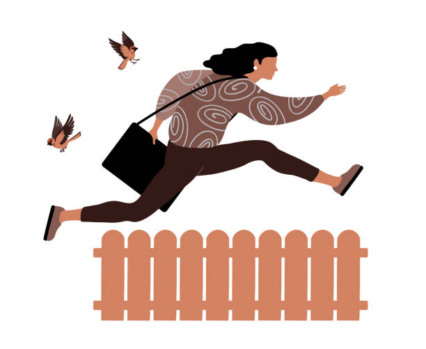 молодая женщина перепрыгивает через забо�р и отпугивает воробьев. художник спешит работать. - hurdle hurdling track event women stock illustrations