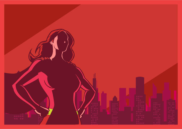 A retro style vector illustration of a female superhero in power pose with city skyline in the background. Wide space available for your copy.