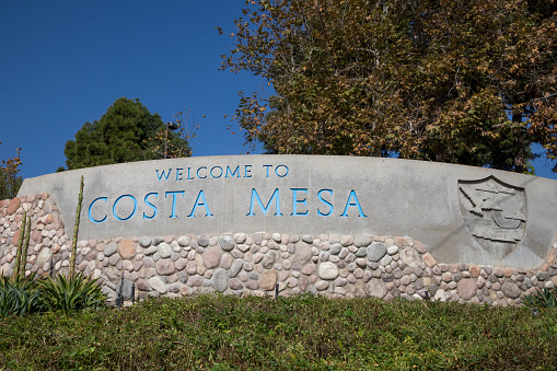 Costa Mesa, California USA - November 03, 2021. Welcome Sign when entering Costa Mesa in Orange County California.
